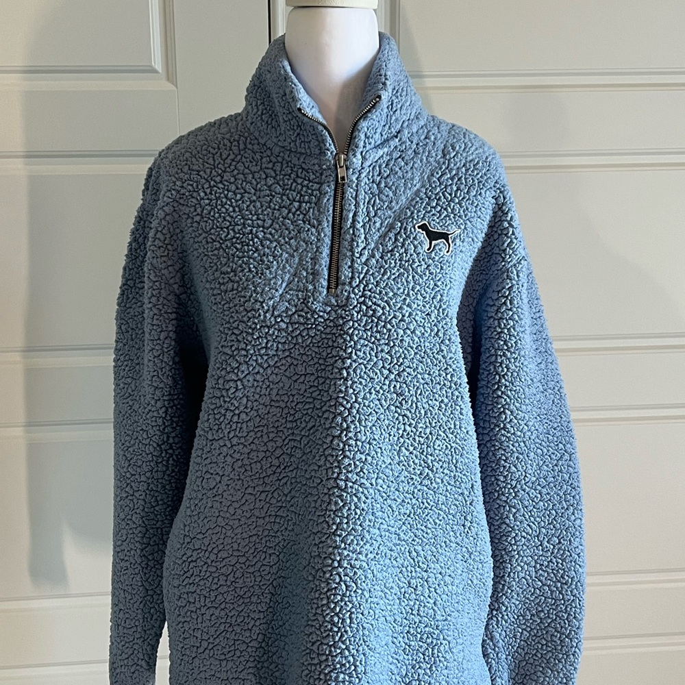 PINK Victoria’s Secret Blue Sherpa 1/4 Zip Pullover Jacket – Size XS Oversized